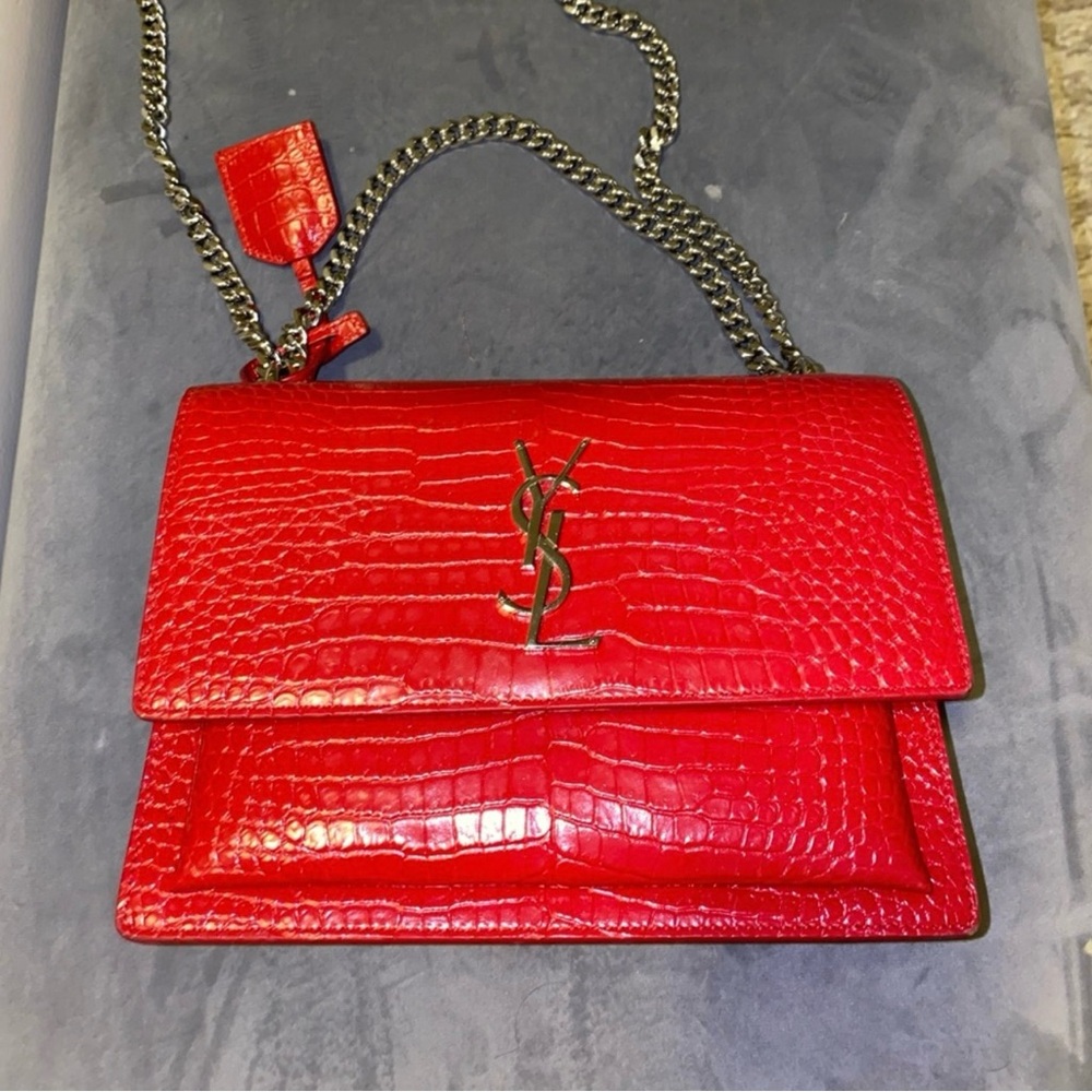 YSL Calfskin Crocodile Embossed Medium Monogram Sunset Rouge Eros